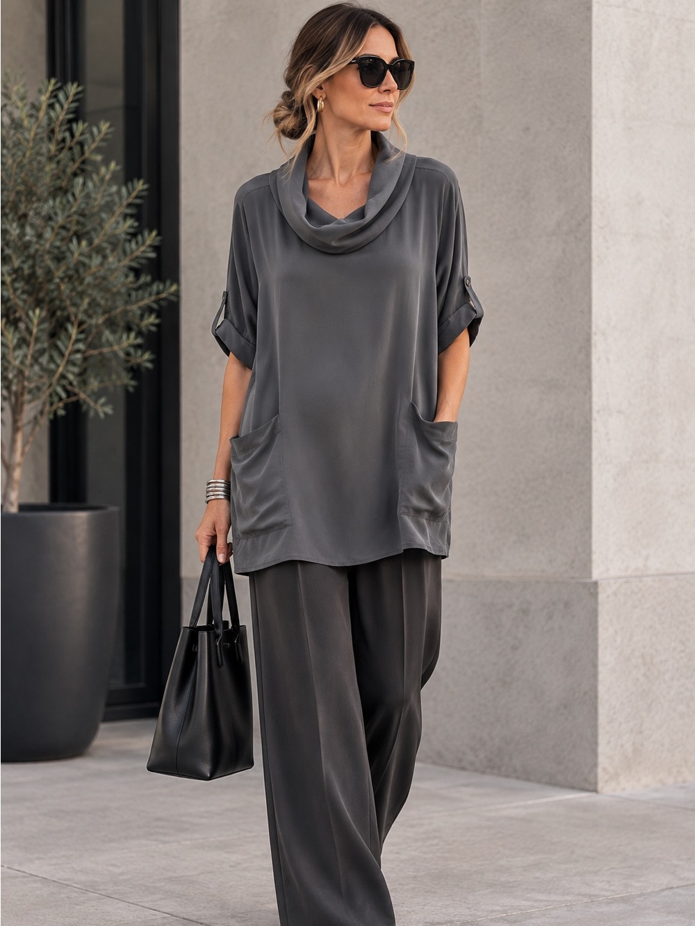 Anthropologie 100% Silk Top Cowl Neck Beach Cover Up Minimalist Relaxed Tunic